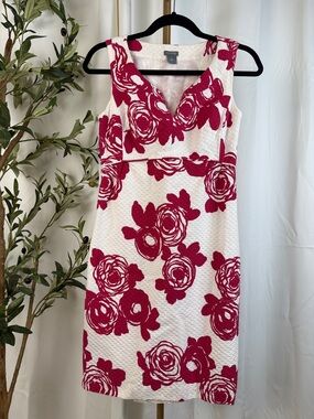 Ann Taylor Textured Cotton White Midi Dress with Pink Floral Print Sz 2 (DJ4)